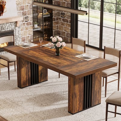 70.86'' Industrial Rectangular Dining Table with and Dual Tone Pedestal