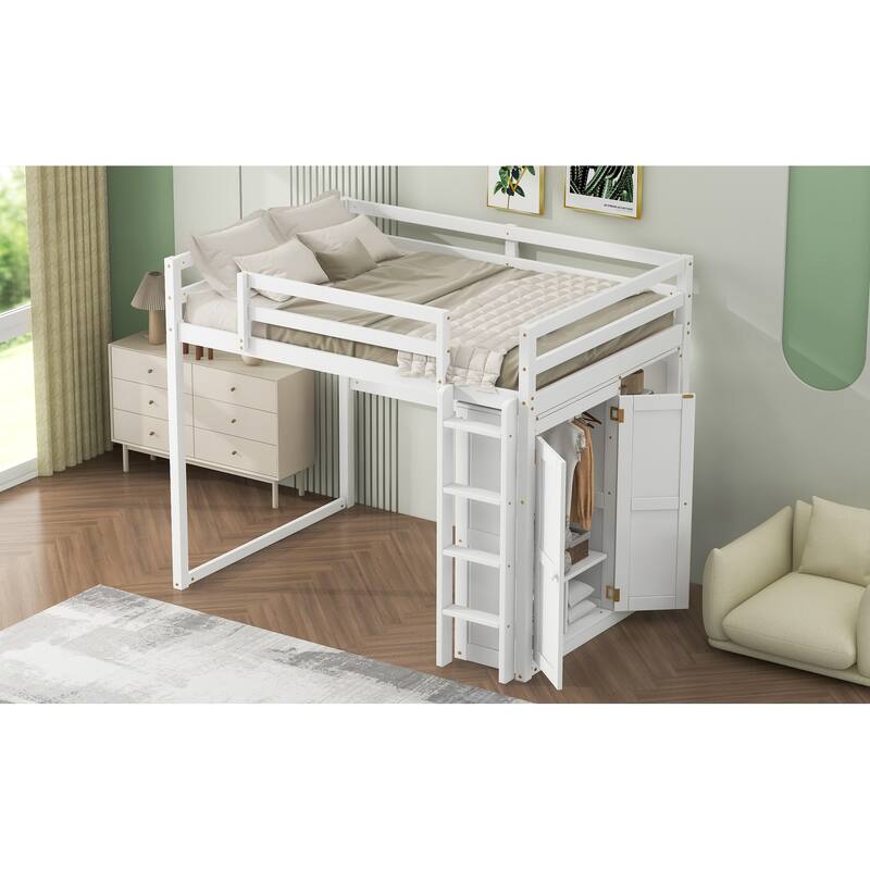 Full Size Loft Bed with Wardrobe, Storage Shelves, and LED Light in White