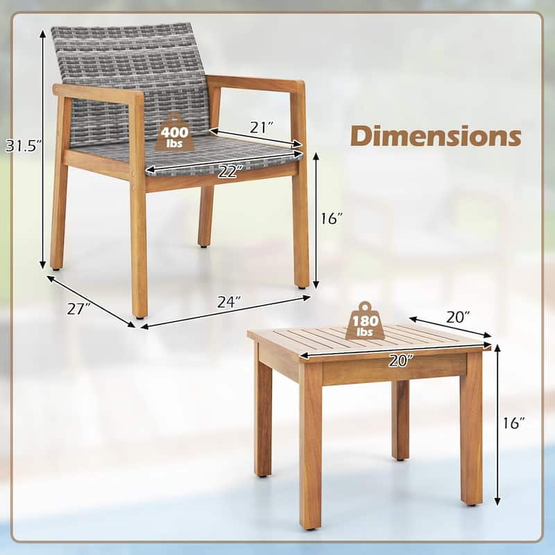 3PCS PE Rattan Patio Bistro Set Outdoor Acacia Wood Conversation Set