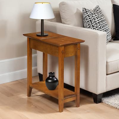Narrow Wedge End Table with Open Shelf, Beveled Edges and Tapered Legs Perfect Between Chairs or Small Spaces - 23