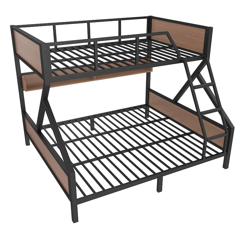 Queen over King Bunk Bed, Metal Bunk Bed with Storage Shelves and Lights, Space-saving & Noise-free Design
