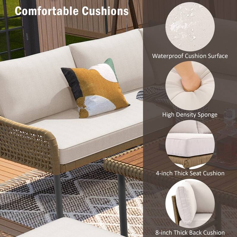 6-Piece L-Shaped Outdoor Sectional Sofa Set with Acacia Wood Table and Ice Box for Comfortable Patios