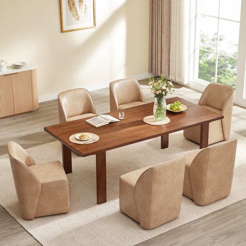Spruce & Spring Modern Upholstered Dining Chair with Hidden Casters - Set of 4 - Tan-Faux Leather