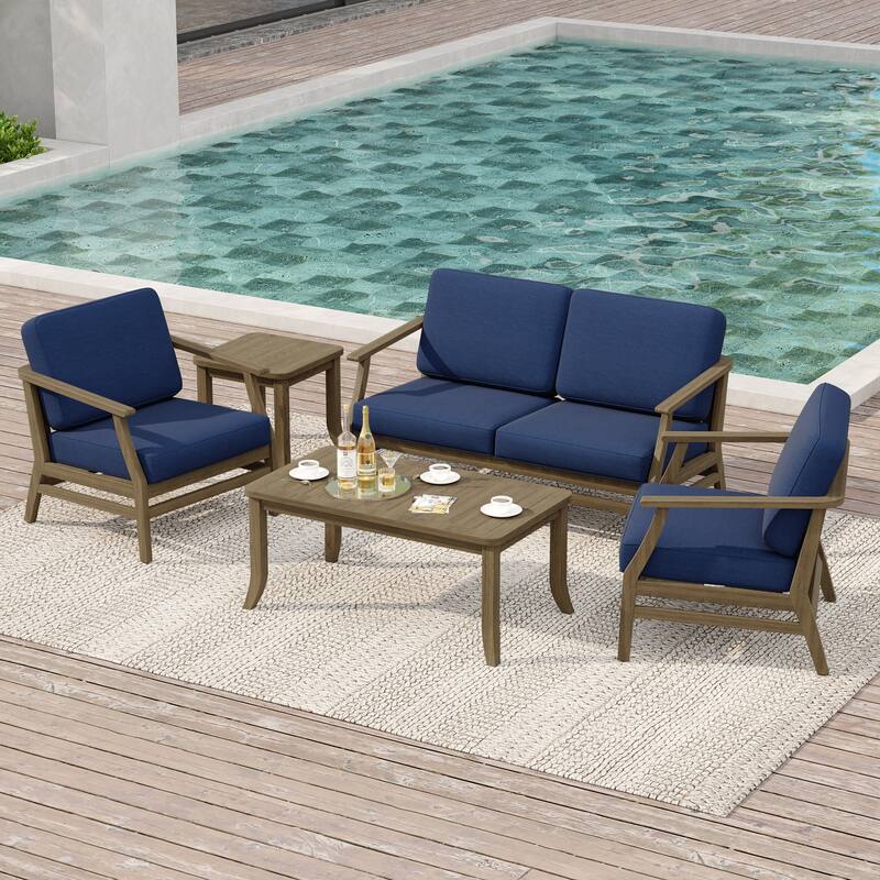 Outdoor Conversation Set Patio Chair, Loveseat with Tables - Natural Wood - Navy