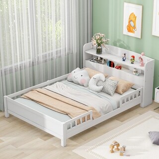 Full Size Floor Bed Platform Bed with Guardrail and Storage Headboard for Kids, Toddler