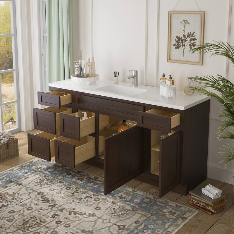 Vanity Art 66" Oak Freestanding Bathroom Vanity Cabinet without Top