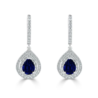 Auriya Fancy Teardrop 2 5/8ct Blue Sapphire and 1.03ct Diamond Double Halo Dangle Earrings 18k Gold