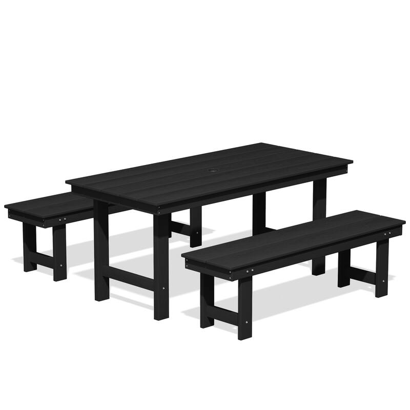 3-Piece HDPE Outdoor Dining Set with Umbrella Hole Table and Two 2-Person Benches