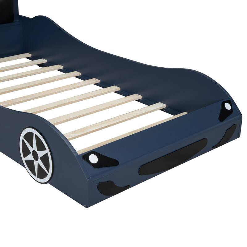 Wood Twin Size Race Car-Shaped Platform Bed With Led And Upholstered Backrest