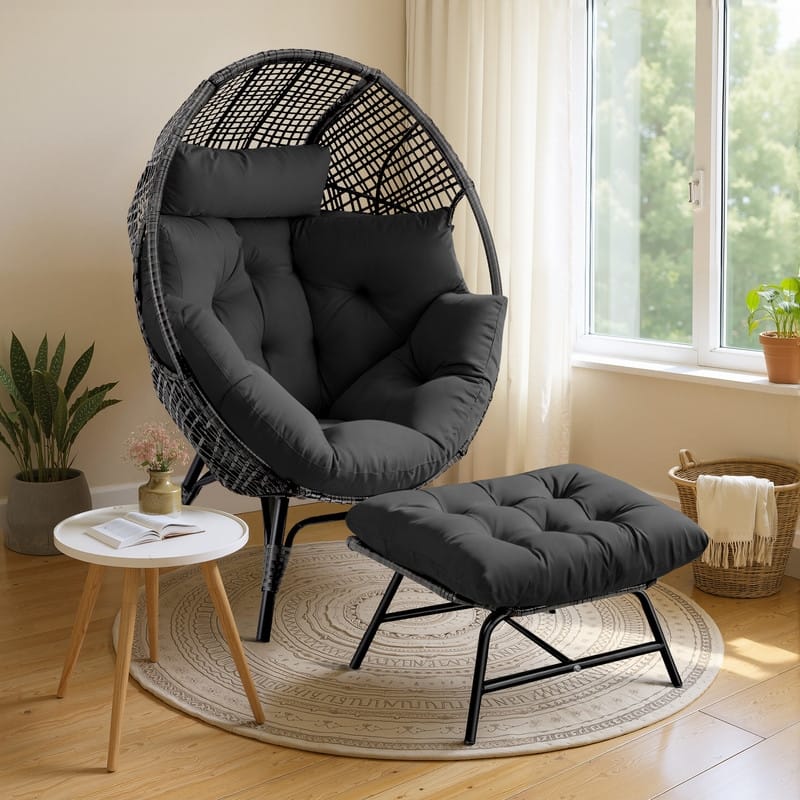 Wicker Egg Chair with Ottoman, 6.5" Cushions, 440 lb Capacity, Indoor/Outdoor Lounge Chair