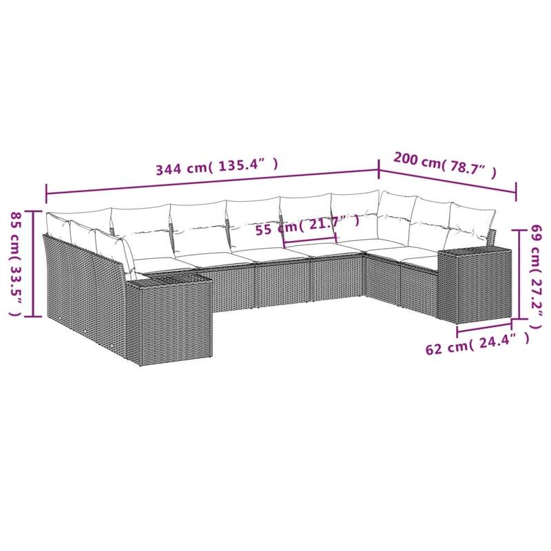 vidaXL 10/11 Piece Patio Sofa Set with Cushions Black/Brown/Gray Poly Rattan - 24.4 x 24.4 x 27.2