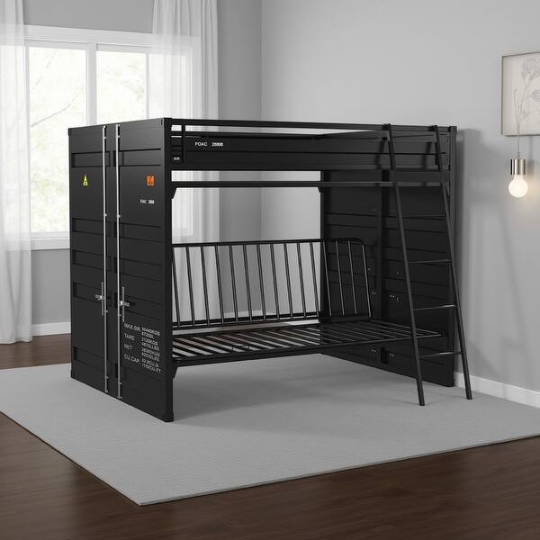 slide 2 of 6, Twin Size Bunk Bed with Futon Sofa Base, Modern Black Metal Frame