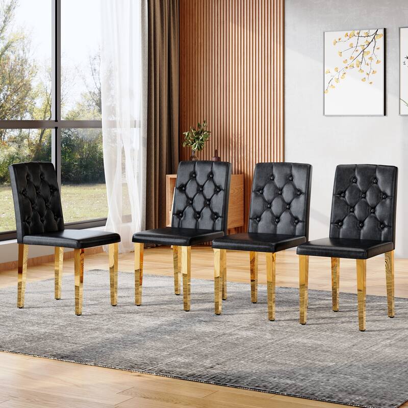 4-piece set of PU Dining Chairs: Ergonomically Designed Buckle Backrest, 35 Inches High, Gold Metal legs - Black+Gold