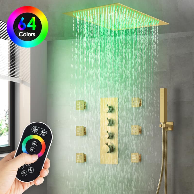 64 Color LED Mood Lighting Thermostatic Shower System,20"Ceiling-Mount Shower Head with 3-Functions Spray