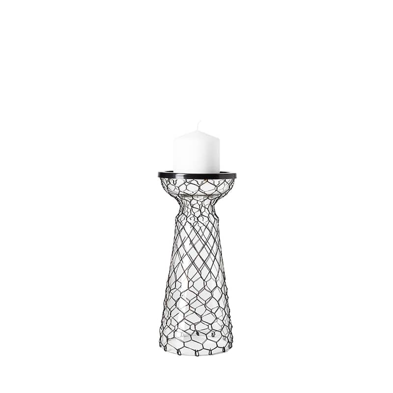 11" Black Distressed Lattice Metal And Glass Tabletop Pillar Candle Holder