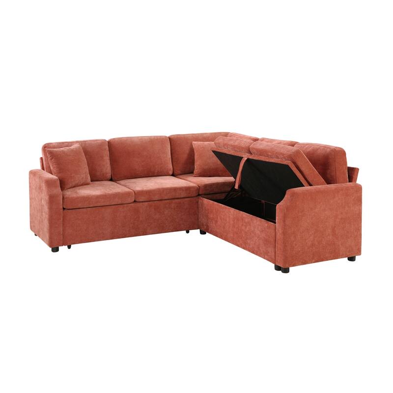 L-Shaped Sectional Sofa Bed, Chenille Upholstered Sleeper Sofa with Hidden Storage Compartment, 4 Seater Corner Sectional Sofa