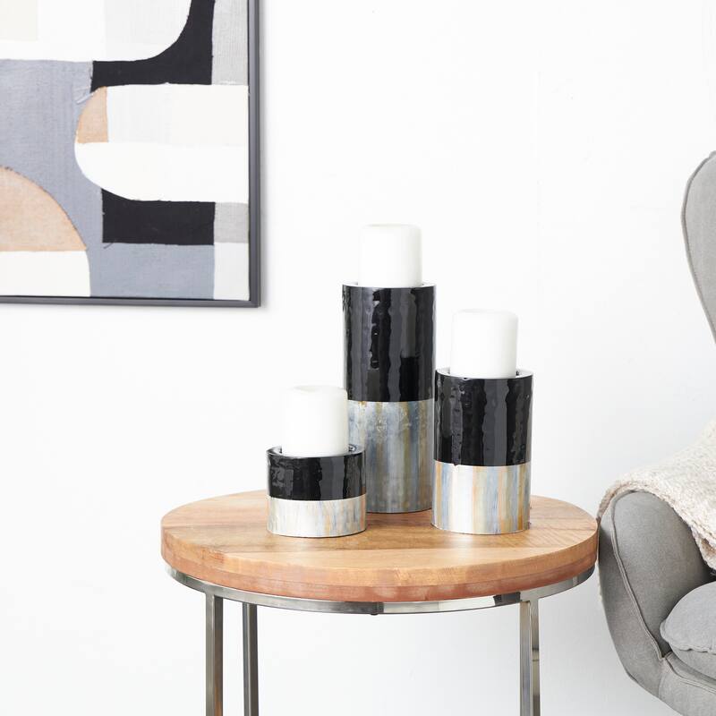 Black or Green Metal Colorblock Candle Holder with Paint Streak Designs (Set of 3) - Black