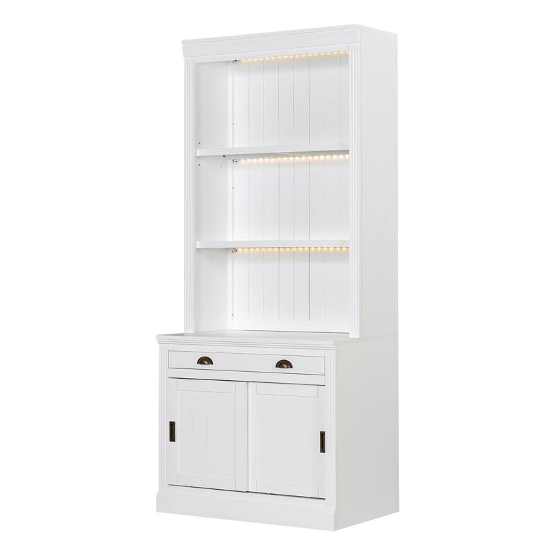 83.4" Modern LED Bookshelf with Sliding Doors & Open Shelves - Space-Saving Storage Bookcase for Living Room and Home Office