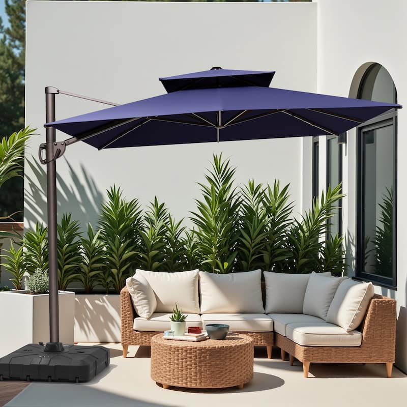 11 x 9 ft Outdoor Rectangular Patio Offset Cantilever Umbrella with 360-degree Rotation and 6 Shade Angles - Navy Blue - with Base