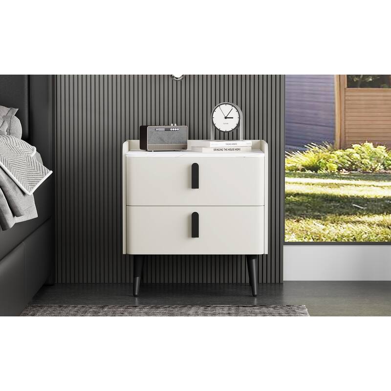 Modern 2-Drawer Nightstand with Marble-Pattern Top - Bedside/End Table for Bedroom/Living Room (White)