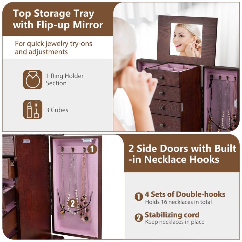 Costway Jewelry Cabinet Storage Chest Standing Organizer Mirror White - See Details