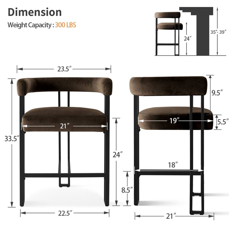 24" Seat Height Upholstered Velvet Solid back Counter Stool (Set os 4)