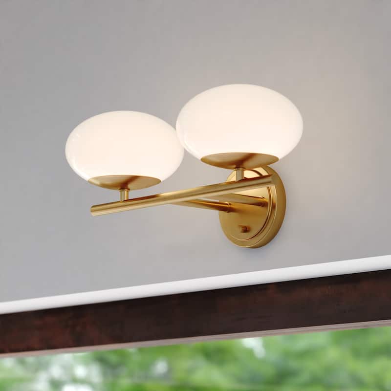 Sloane LED Gold Satin Brass Mid-Century Modern Bathroom Vanity Wall Fixture with White Glass Globes - Satin Brass - 16-in W x 7.75-in H x 8.75-in D
