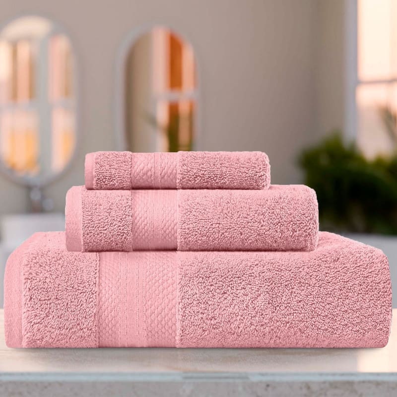 Superior Turkish Cotton 3 Piece Solid Plush Heavyweight Towel Set - Coral Pink