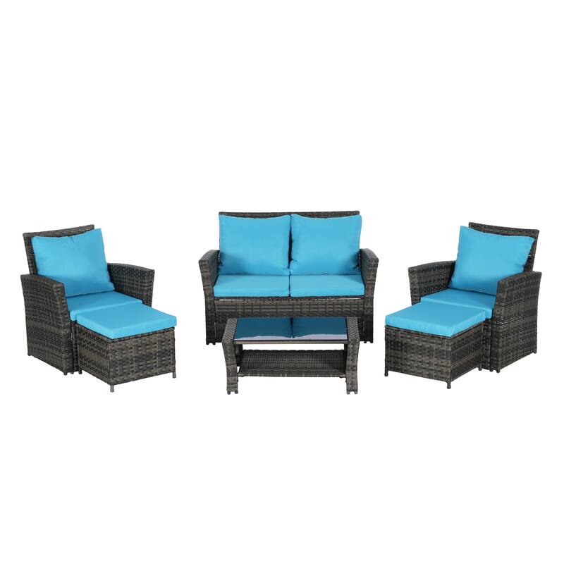 6-Piece Outdoor Patio Rattan Conversation Sofa Set with Tempered Glass Coffee Table