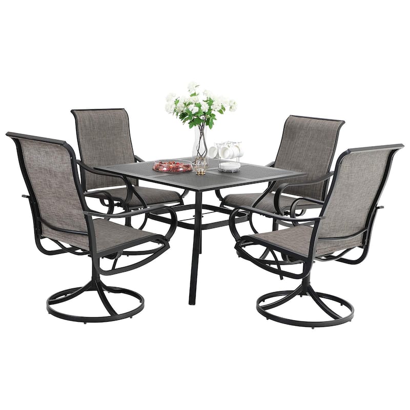 MAISON ARTS 5 Pieces Patio Dining Set, 4 Sling Dining Swivel Chairs and 37" Square Metal Mesh Table with 1.57" Umbrella Hole