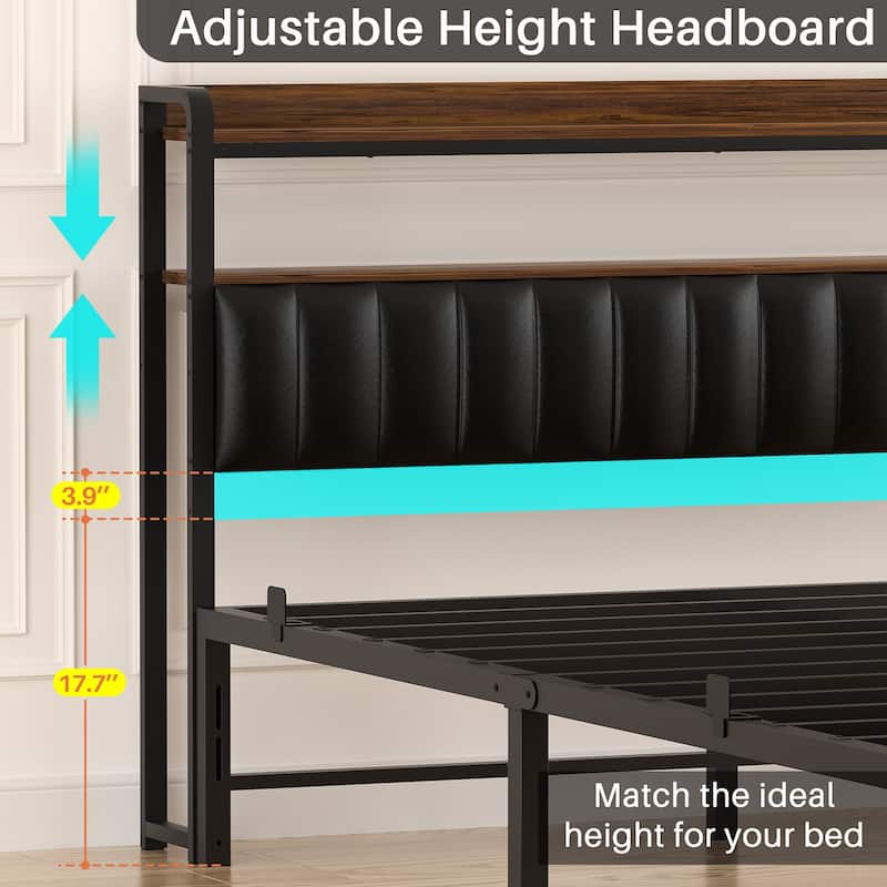 Platform Bed Frame with Upholstered Storage Headboard, Full/ Queen/ King Beds with Charge Station and LED Lights