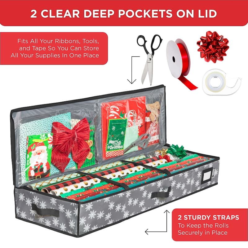 HOLDN' STORAGE Wrapping Paper Storage Container, Fits 27 Rolls Gift Wrap, Extra Pockets for Ribbons & Bows, Underbed Storage