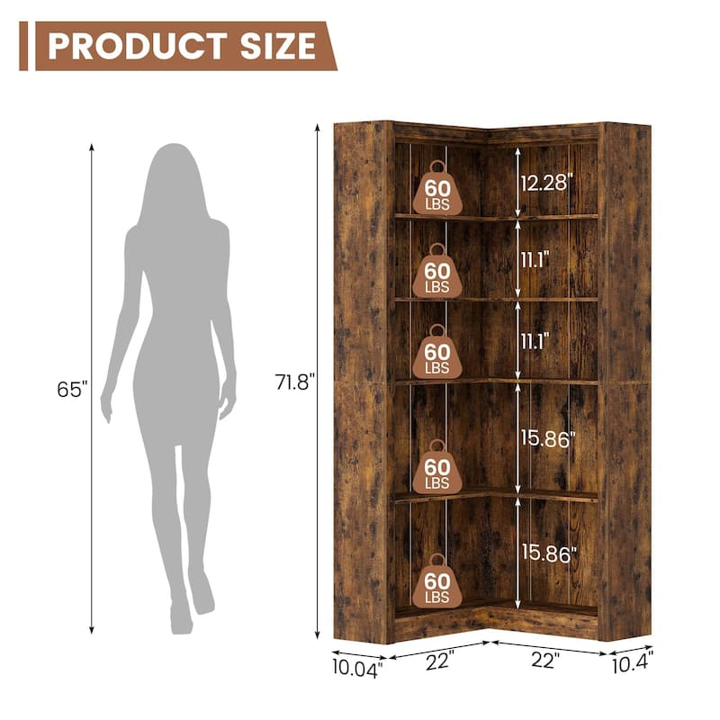 71.8" Tall Corner Bookshelf, 5-Tier L-Shaped Corner Bookcase, Modern Industrial Wood Display Storage Shelves for Living Room