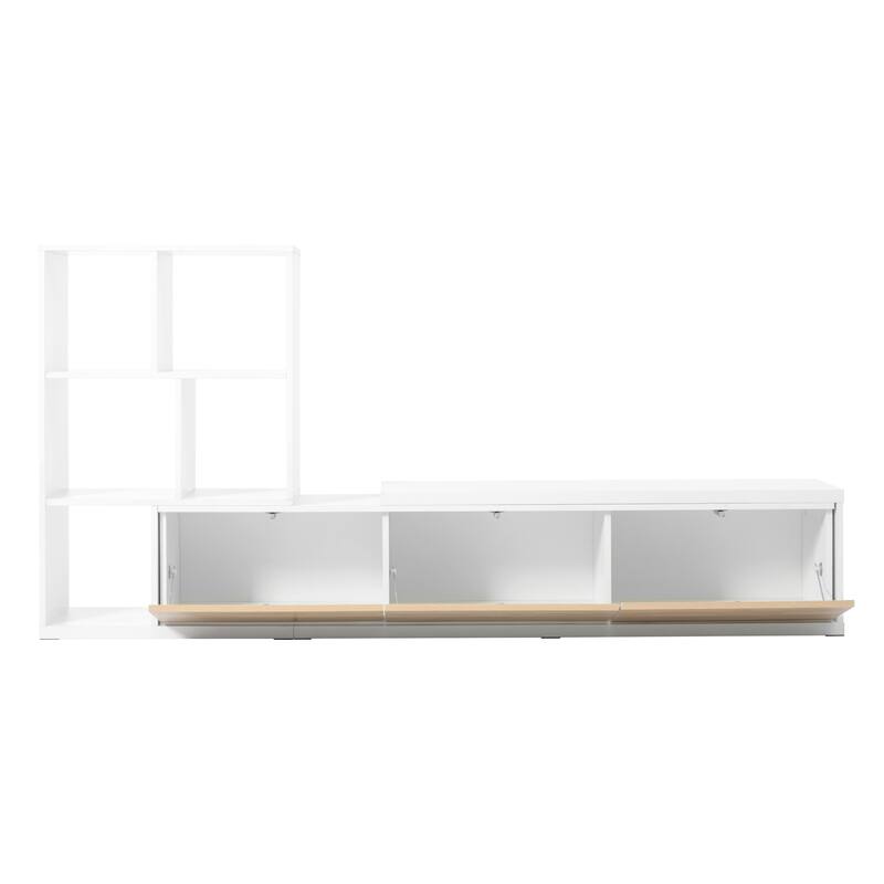Modern Extended TV Stand with 3-Tier Bookshelves, Storage Cabinets and Sliding Tabletop, for Living Room, White