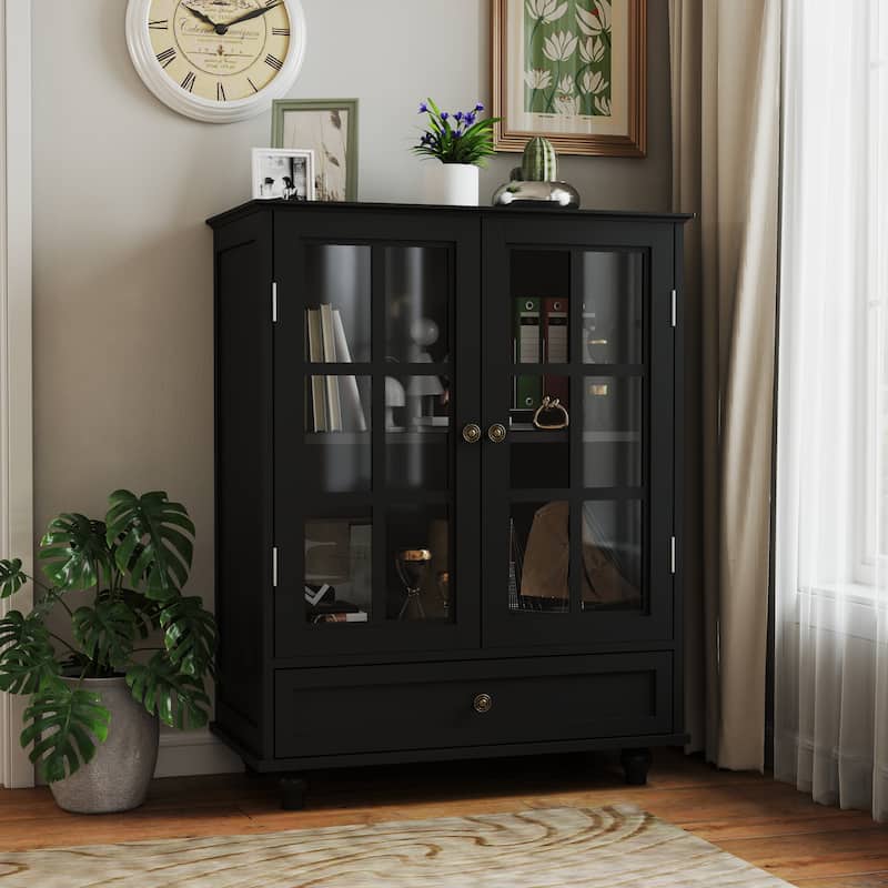 Buffet Cabinet with Double Glass Doors and Drawer, Modern Wooden Storage Sideboard Cupboard for Living room, Dining Room - Black
