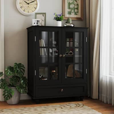 Buffet Cabinet with Double Glass Doors and Drawer, Modern Wooden Storage Sideboard Cupboard for Living room, Dining Room