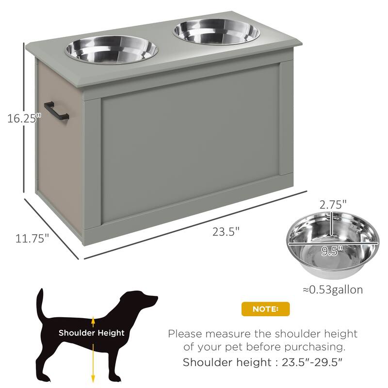 PawHut Raised Pet Feeding Storage Station with 2 Stainless Steel Bowls Base for Large Dogs and Other Large Pets - Gray