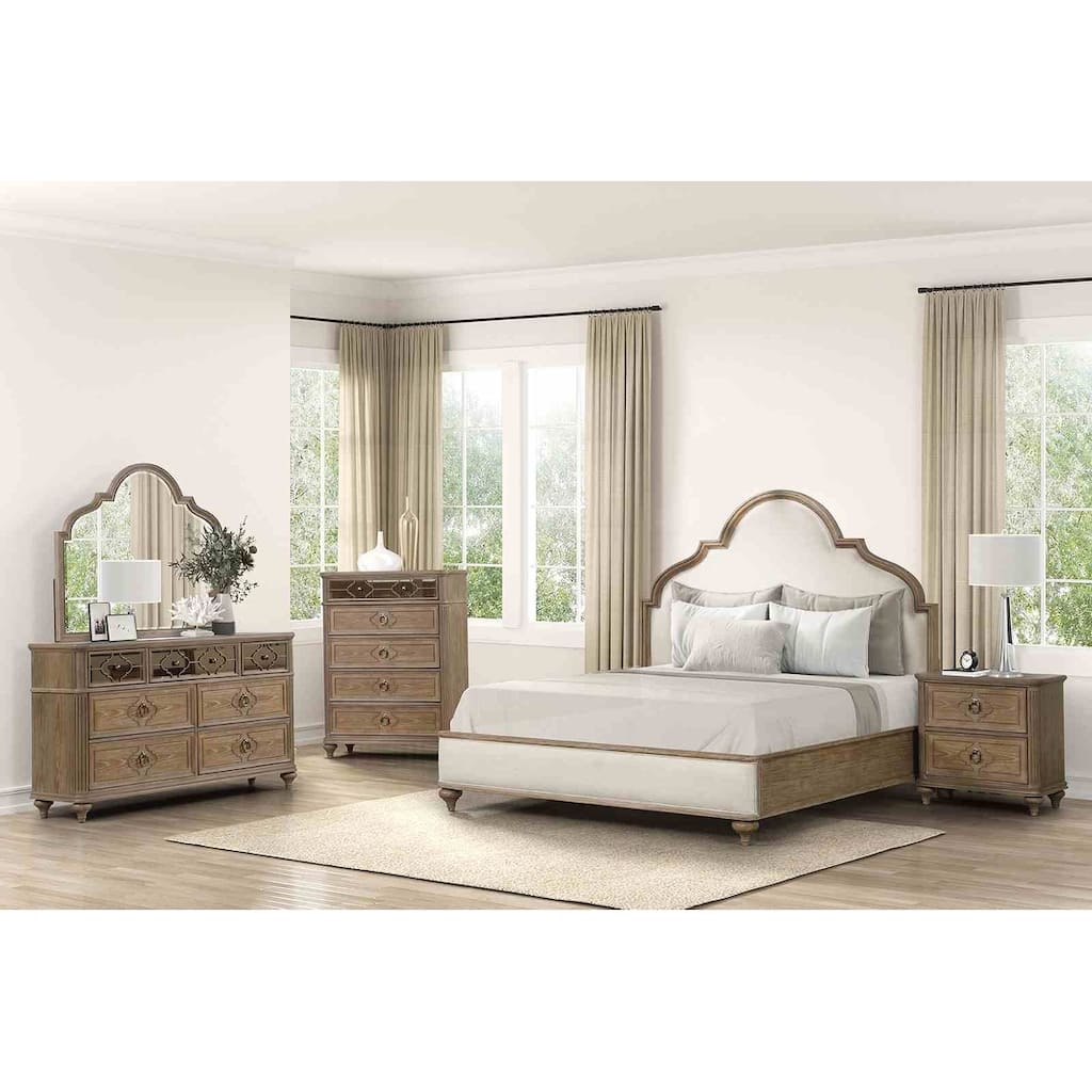 Rustic Oak Finish Transitional Bedroom Set Bed Chest Dresser Mirror USB Charging Nightstand