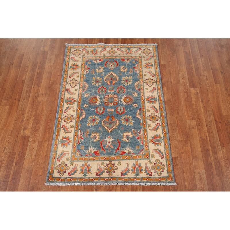 Blue Kazak Oriental Accent Rug Handmade Floral Wool Carpet - 3'3" x 4'11"