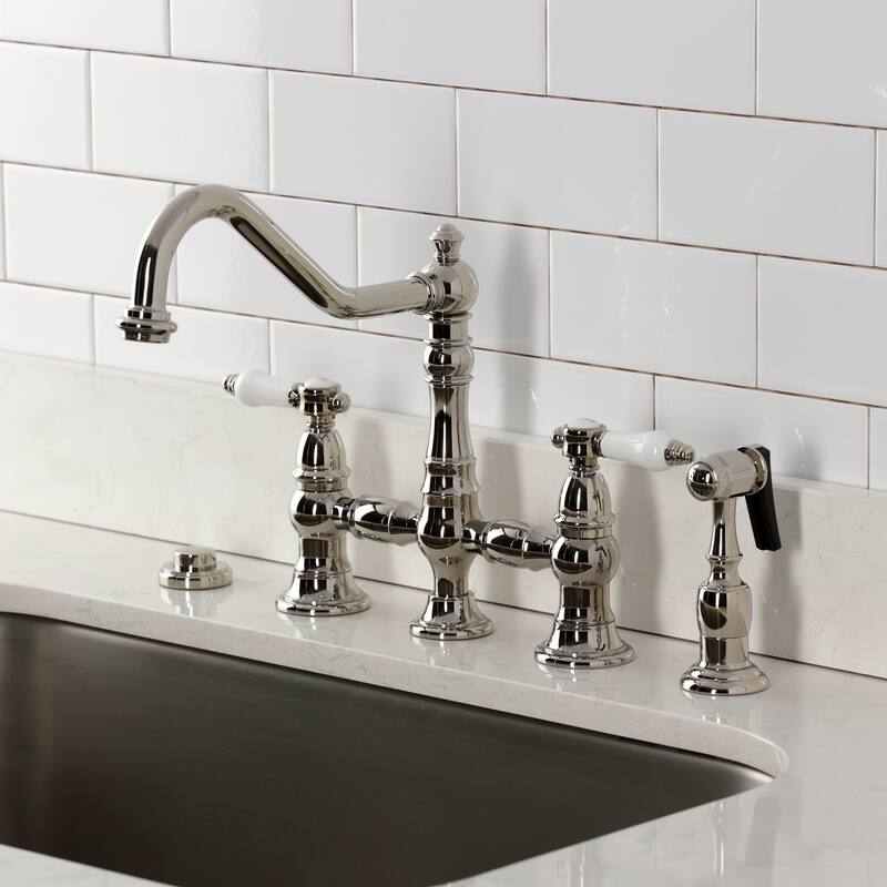 Kingston Brass Bel-Air Two-Handle 4-Hole Deck Mount Bridge Kitchen Faucet with Brass Side Sprayer
