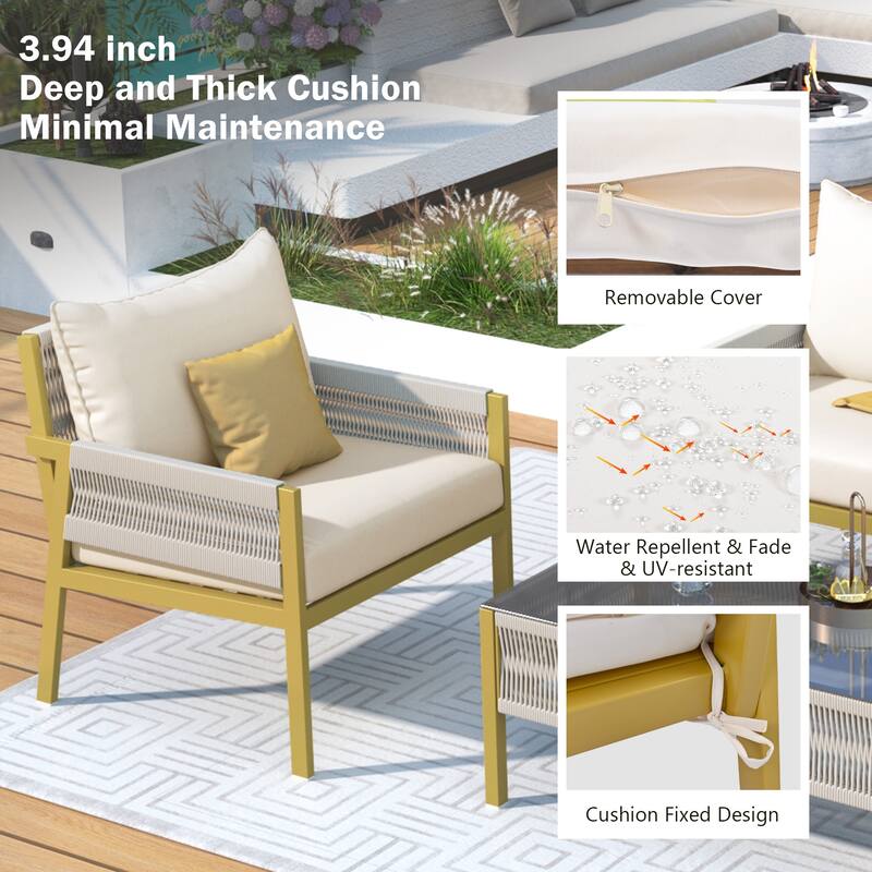 4-Piece Patio Furniture Set, Outdoor Garden Conversation Set with Tempered Glass Table, Deep Seating and Thick Cushion