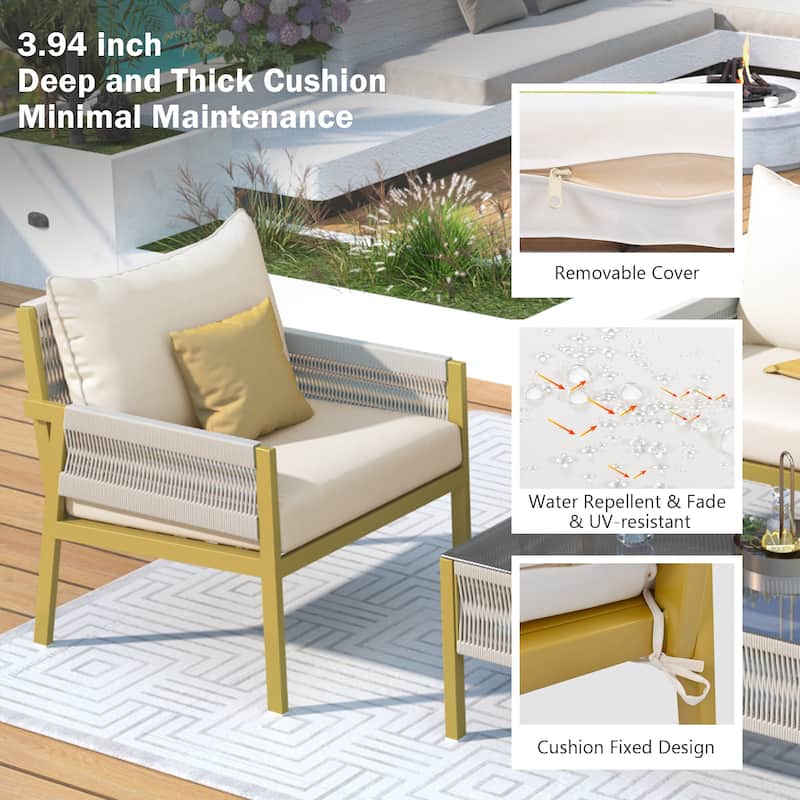 4-Piece Rope Patio Furniture Set,Outdoor Furniture with Tempered Glass Table for Backyard Porch Balcony