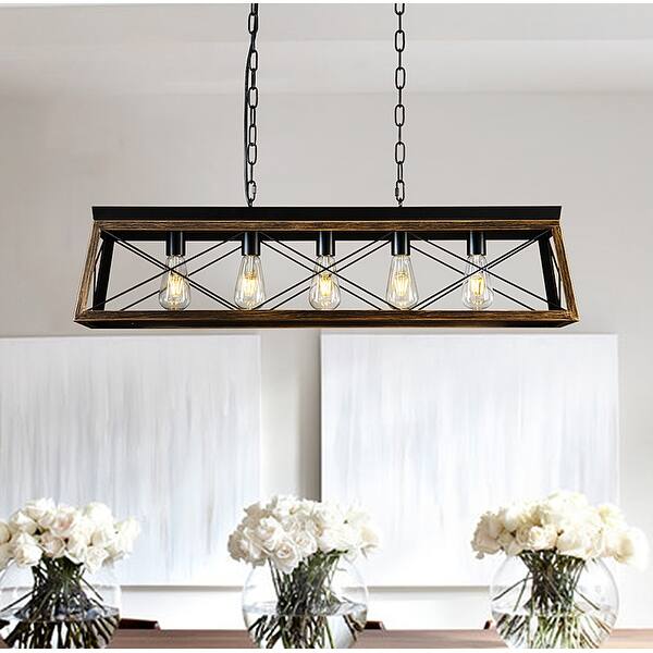 5-Light Square/Rectangle Farmhouse Chandelier For Kitchen Island With ... - Farmhouse Island Chandelier