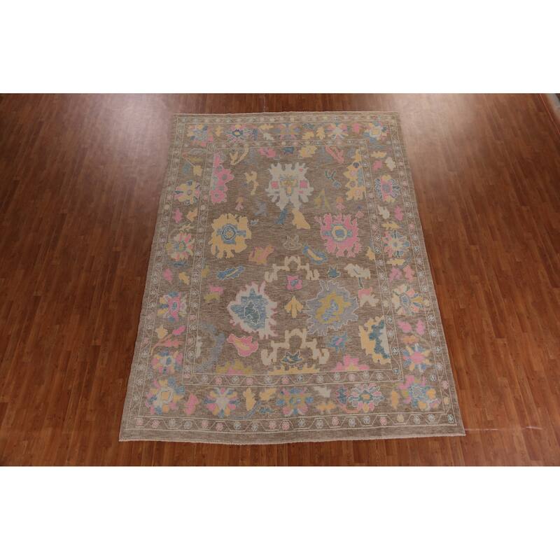 Hand Knotted Oriental 100% Wool Carpet Transitional All-Over Brown Oushak Area Rug - 12' 8'' X 8' 11''