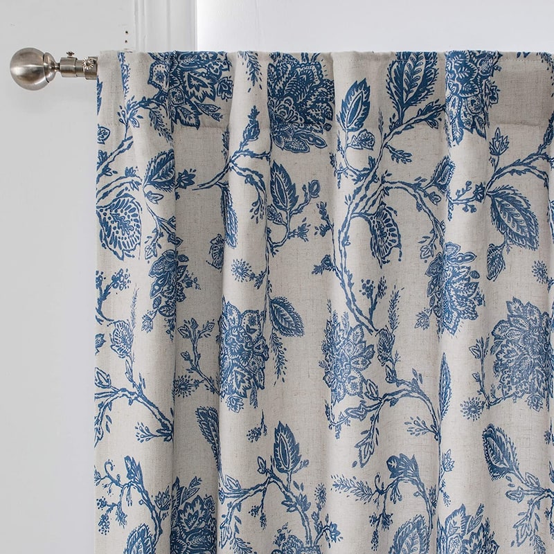 DriftAway Freda Jacobean Floral Linen Blend Lined Blackout Back Tabs Window Curtains