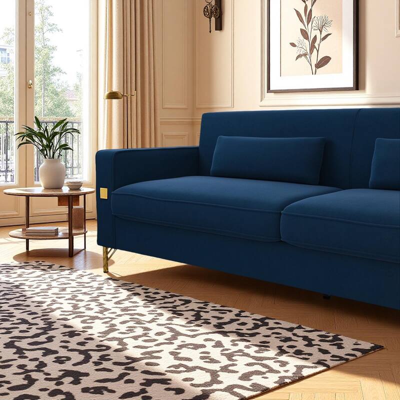 85.63" Velvet Sofa Couch with Cushions, Loveseat for Living Room, Square Armrest Upholstered Sofa with Metal Legs