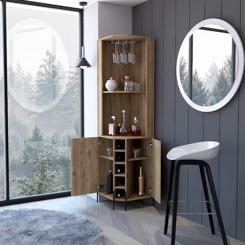 FM Furniture Reese Corner Bar Cabinet with Glass Rack, 5 Wine Cubbies, 2 Doors, 4 Inner Shelves, and 2 Open Shelves, Macadamia