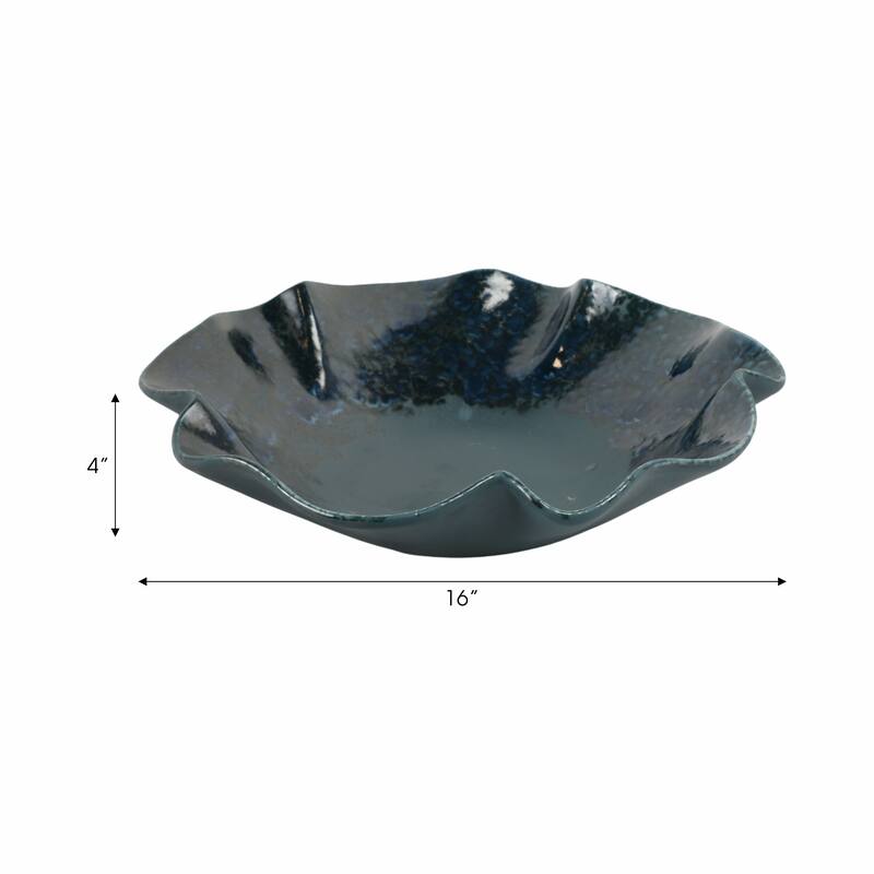 Decorative Round Wavy Edge Glazed Pottery Bowl - 16", Blue - 15.5"