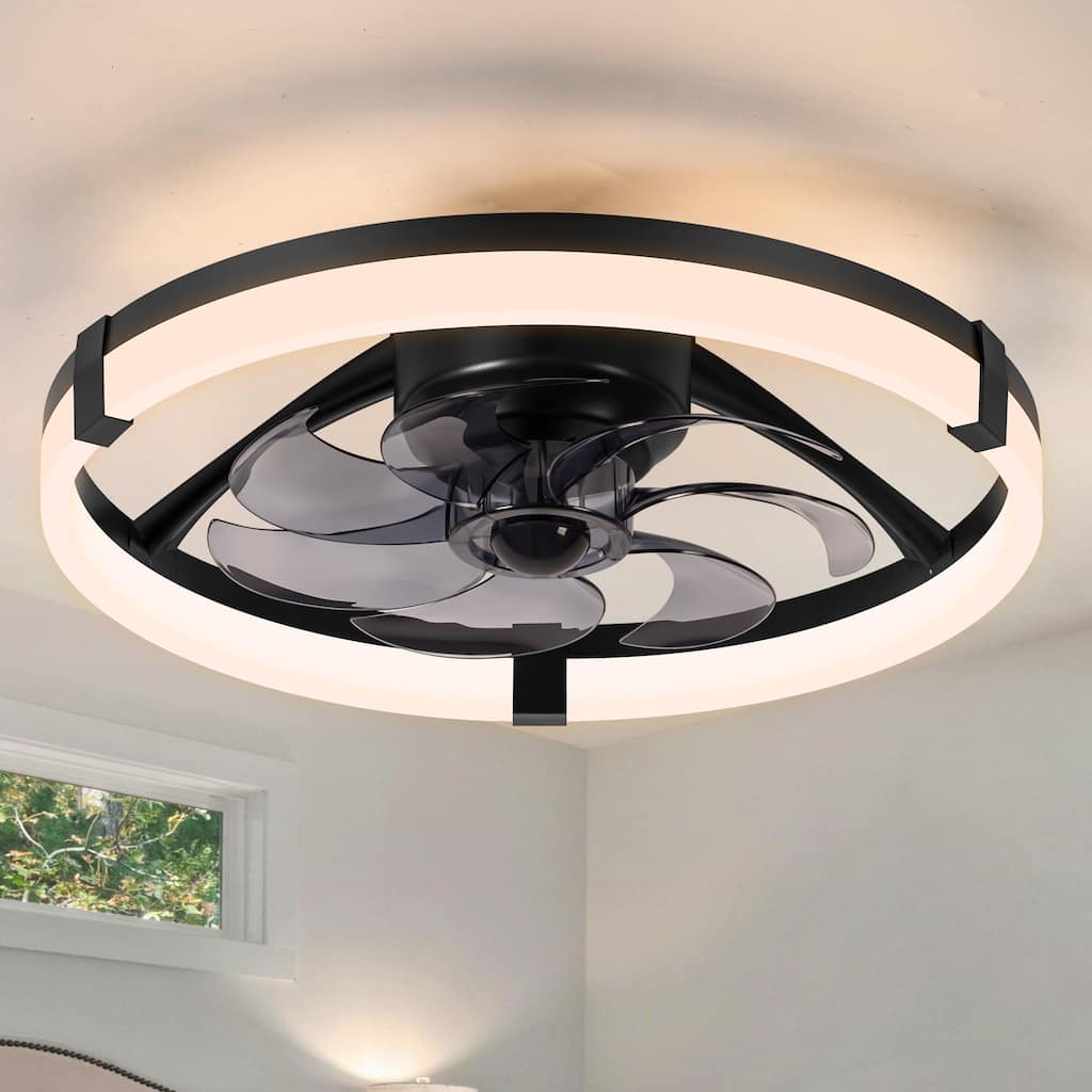 20" LED Cage Ceiling Fan, Dimmable Light, 7 PC Blades, DC Motor, 6 Speeds, Remote Control, Flush Mount, Quiet - Remote Control