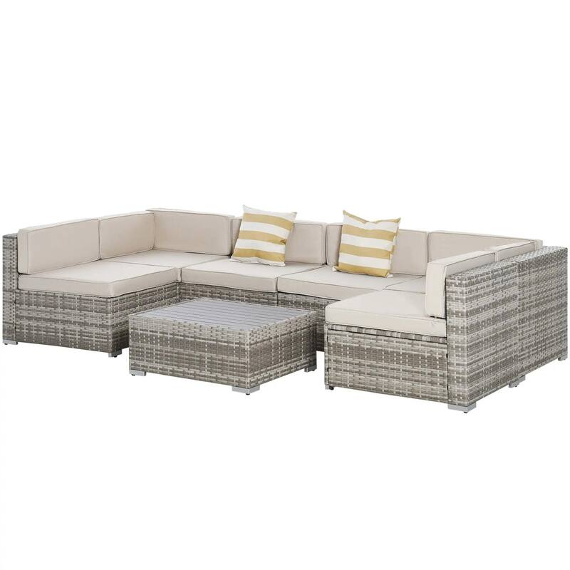 7PCS Patio Sectional, All Weather PE Rattan Sofa Coffee Table